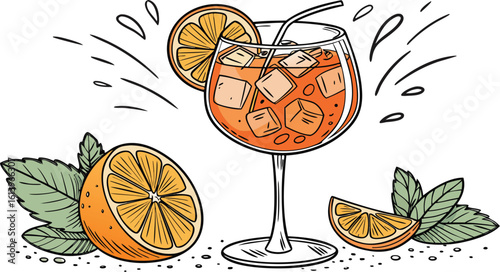Vibrant orange aperol spritz cocktail with ice cubes against an isolated transparent setting. a detailed vector illustration of a refreshing cocktail in a large stemmed glass.