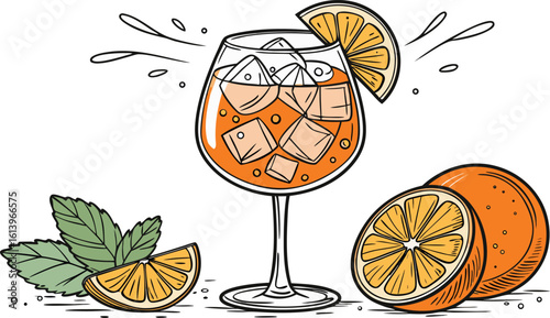 Vibrant orange aperol spritz cocktail with ice cubes against an isolated transparent setting. a detailed vector illustration of a refreshing cocktail in a large stemmed glass.