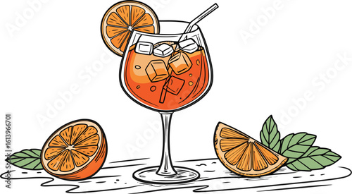 Vibrant orange aperol spritz cocktail with ice cubes against an isolated transparent setting. a detailed vector illustration of a refreshing cocktail in a large stemmed glass.