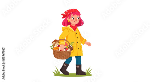 A girl in a yellow raincoat carries a basket of freshly picked mushrooms and pinecones after a fall forest walk.