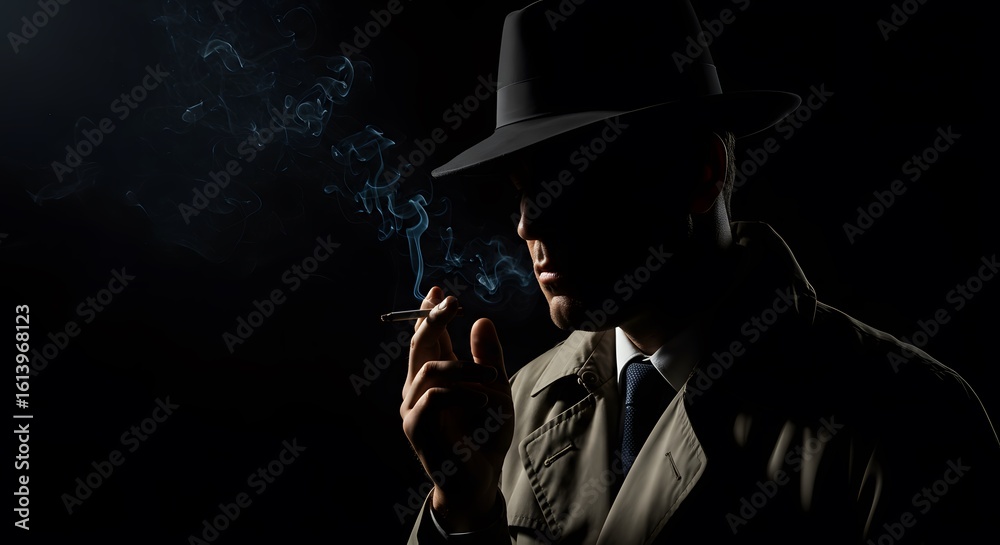 Fototapeta premium A shadowy figure in a fedora and trench coat, smoking a cigarette in a dark, atmospheric setting