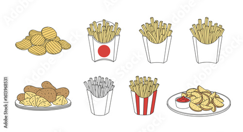Collection of delicious fried snacks featuring crispy potatoes and savory chicken portions