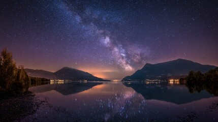 Leinwandbilder Aubergine Milky Way galaxy over serene lake with mountain reflections night stars  © Ismail