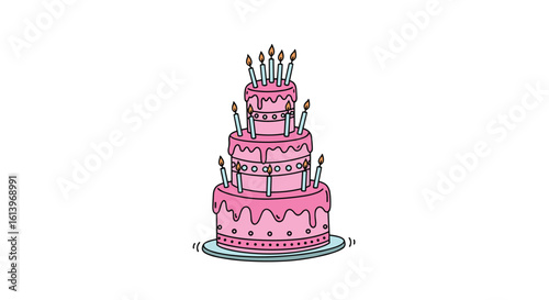 Happy birthday celebration with a delicious pink frosted tiered cake adorned with many lit candles