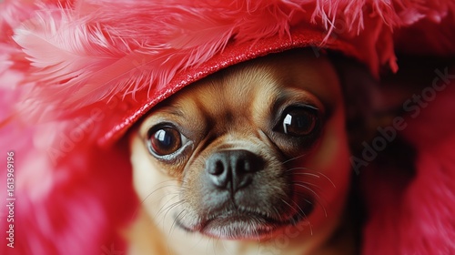 Small Dog With Red Feather Hat Poses Against Vibrant Background.