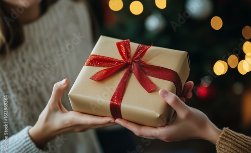 Hands Exchanging a Beautifully Wrapped Gift During a Cozy Holiday Gathering b...