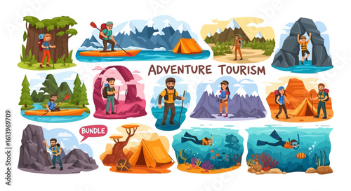 Colorful illustrations depicting various outdoor adventure activities, camping, and exploration.