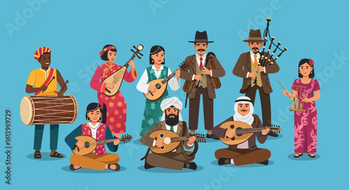 Diverse group of musicians playing various traditional instruments together, in a vibrant illustration.