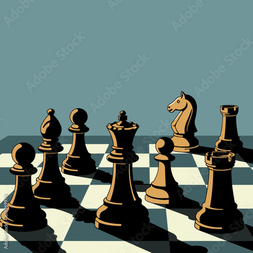 Chess board with dramatic lighting in flat vector style, strategy concept, notebook cover