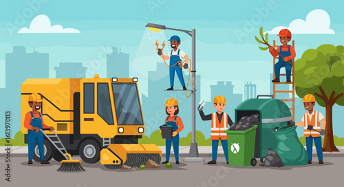 Cartoon depiction of a street cleaning crew working on a sunny day.
