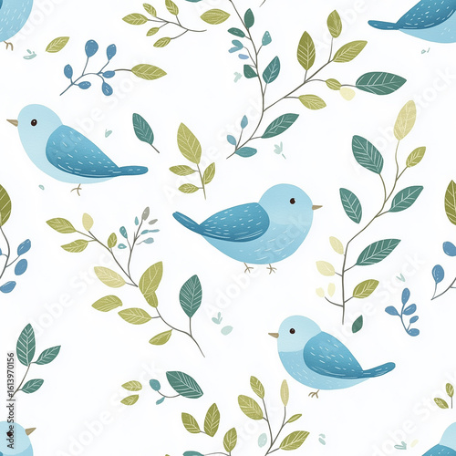 Blue Birds and Leaves Pattern on a White Background Suitable for Fabric or Wa...