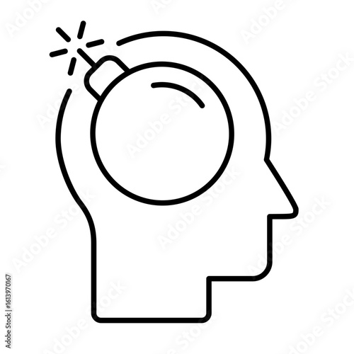 Head with a bomb line icon. Migraine. Stress, burnout and headache concept. Emotional overload in modern life and work environments. Mental distress burnout symbol. Overthinking vector illustration
