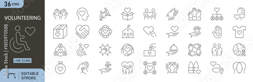 Volunteering icons set. Includes icons for helping hands, heart, donation box, community, support, care, group, charity, love, and teamwork. Perfect for infographics, mobile apps, and web design.