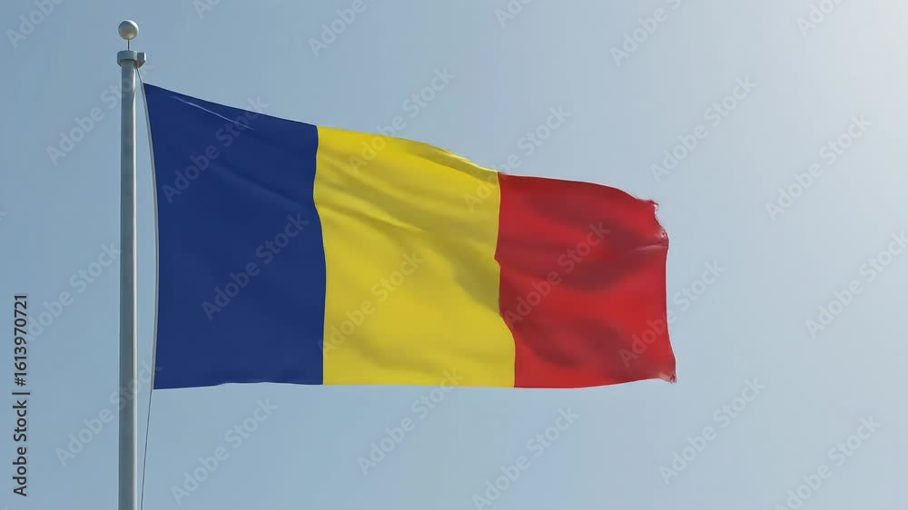 The Romanian national flag fluttering in the early morning wind, isolated against a clear sky.