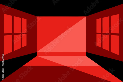 red corridor with columns