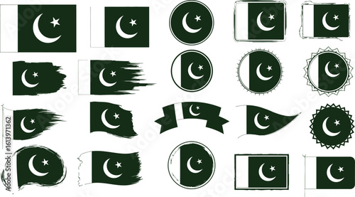 A collection of twenty one pakistan flag designs in various shapes and styles on a white background