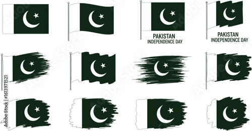 A collection of twelve pakistan flag illustrations with varying styles and independence day text present