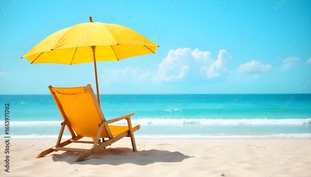 Bright Yellow Beach Umbrella and Chair Overlooking Turquoise Sea and Blue Sky Bright Yellow Beach Umbrella and Chair Overlooking Turquoise Sea and Blue Sky