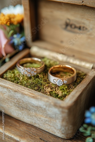 Elegant Gold Ring Adorned With Sparkling Gems Nestled in a Wooden Box Surroun...