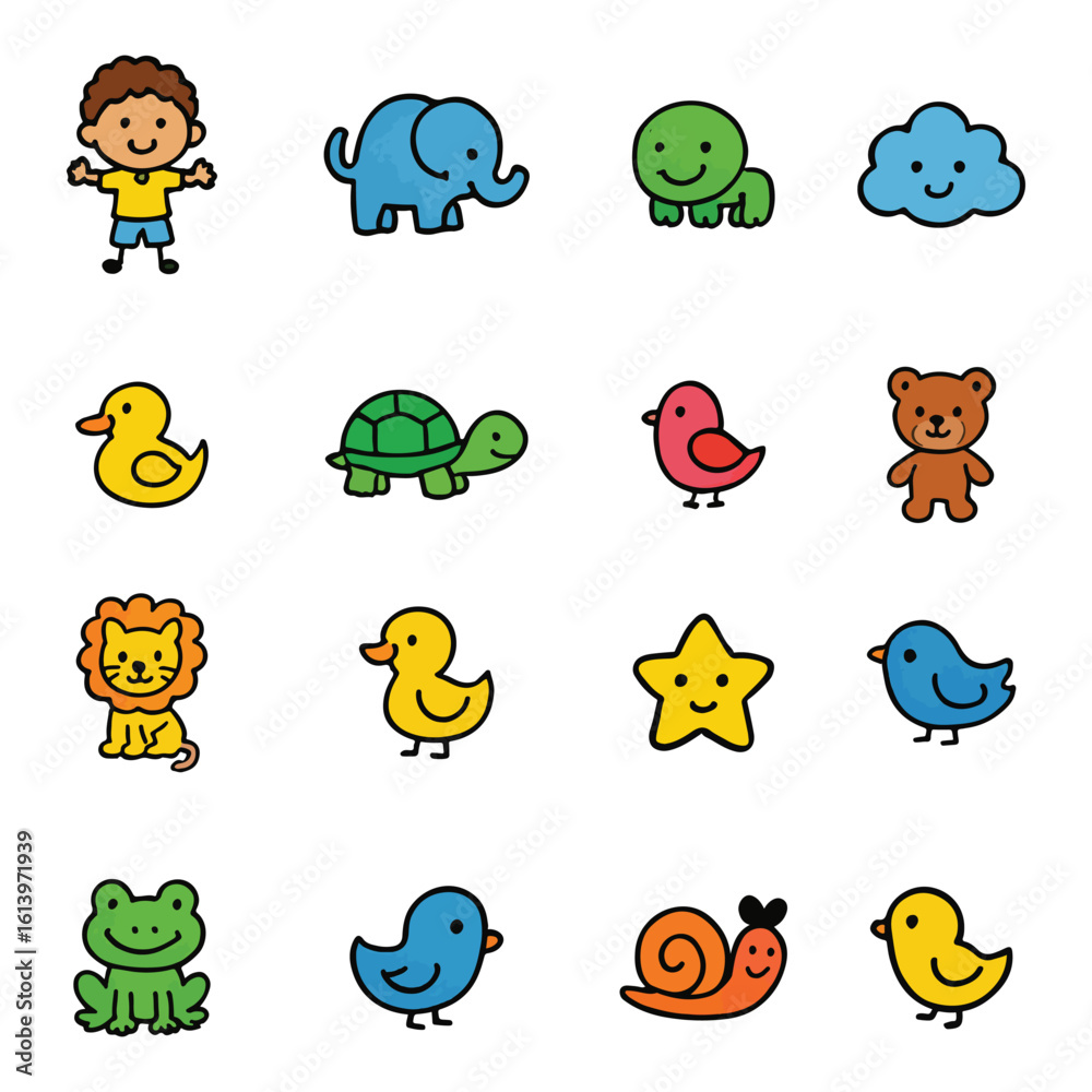 Fototapeta premium Collection of Cute Cartoon Animals and Objects with Simple Designs child girl