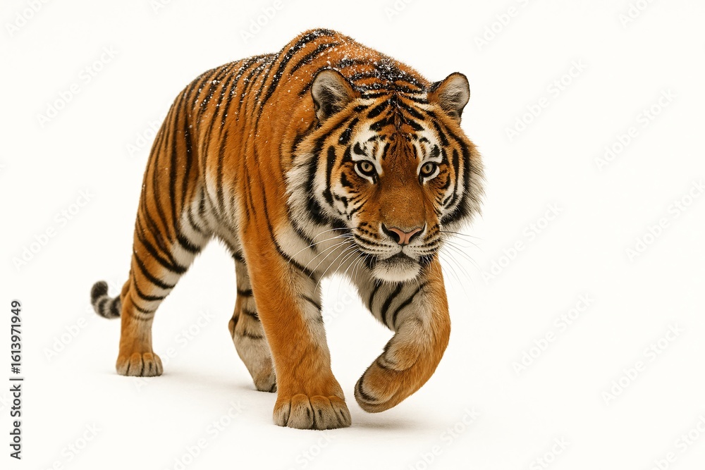 Amur Tiger in Snowy Forest – Endangered Siberian Tiger Wildlife Portrait on White Background Amur Tiger in Snowy Forest – Endangered Siberian Tiger Wildlife Portrait on White Background