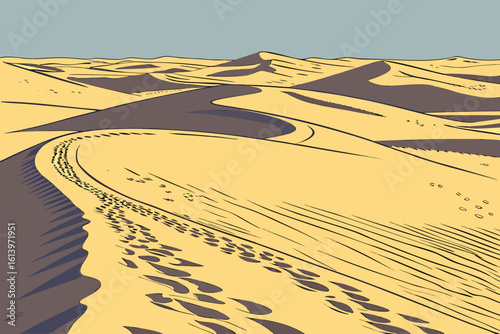 Footprints on vast desert sand dunes.