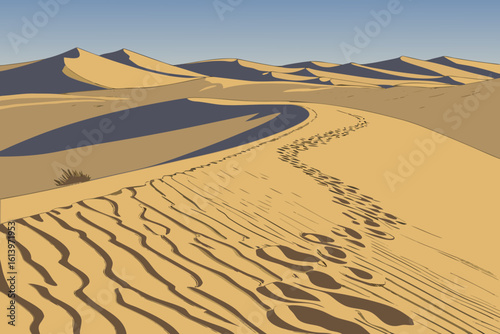 Footprints on Desert Sand Dunes Landscape.