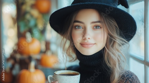 Young Woman Enjoys Coffee While Dressed in Cozy Attire Surrounded by Autumn D...