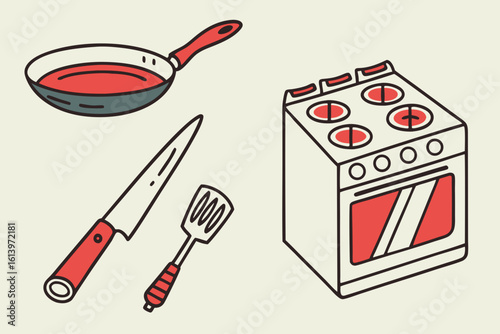 Kitchen Stove Frying Pan Knife and Spatula.