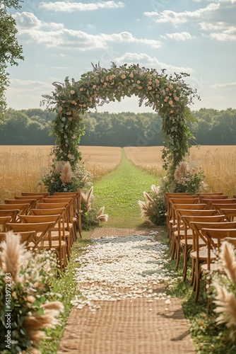 Outdoor Wedding Ceremony Setup With Floral Arch and Wooden Chairs on a Sunny Day