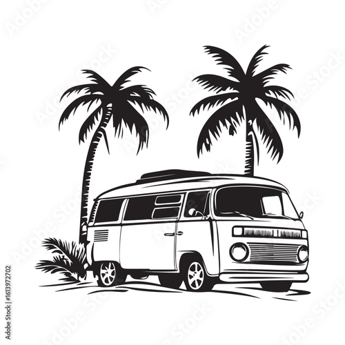 Silhouette of a vintage campervan on a tropical beach with palm trees and birds flying 