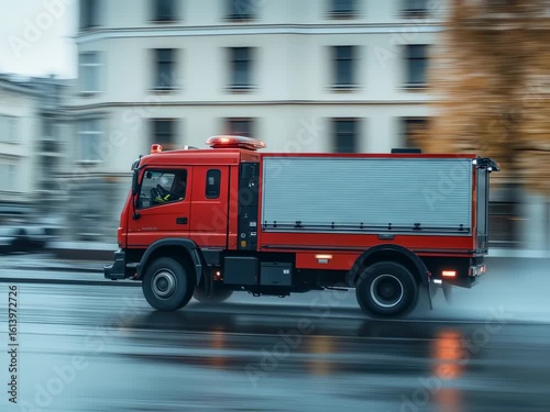 Emergency Response: A Fire Truck Driving Through a Wet City Street on a Rainy Day