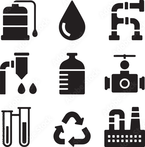 Industrial Water Treatment Icons – Bold Silhouette Set of Equipment and Processes