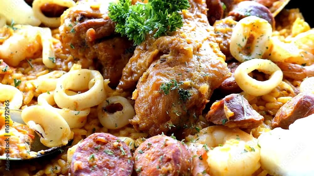 A delicious seafood paella with chicken and squid is ready to serve