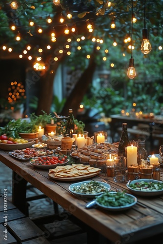 Evening Outdoor Feast With Candlelight and Festive Decorations Under Twinklin...
