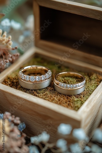 Wedding Rings Presented in a Wooden Box With Decorative Moss and Dried Flower...