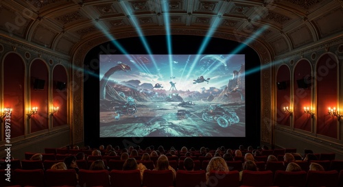 A Majestic movie theater showing a science fiction film to a full auditorium of excited moviegoers
