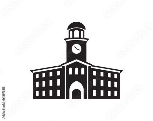 Black and white silhouette icon of a town hall style building