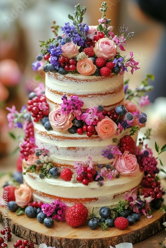 Beautifully Decorated Cake With Fresh Flowers and Berries on Display at a Cel...