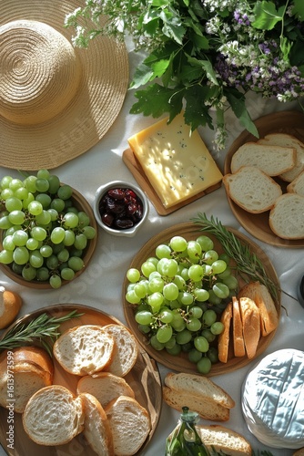 Delicious Green Grapes With Artisan Bread and Cheese Arranged for a Summer Pi...