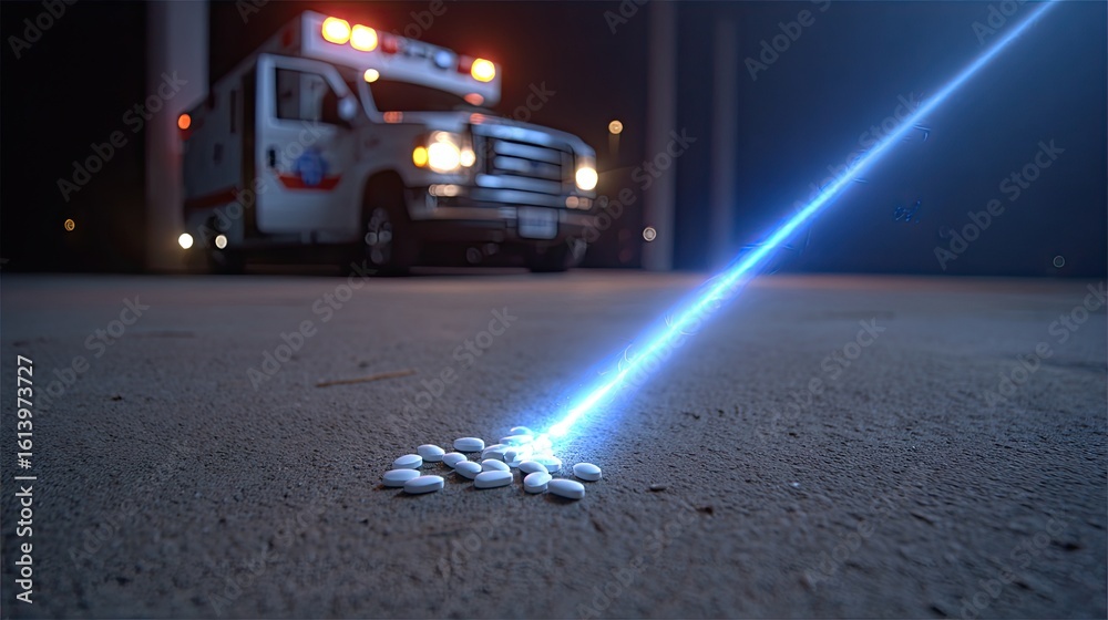 Obraz premium Laser beam targeting pills at night