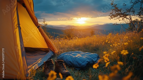Camping at Sunset With a View of Mountains and Blooming Flowers in the Foregr...
