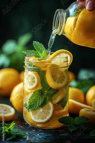 Refreshing Lemon Drink Preparation With Mint and Fresh Lemons in a Kitchen Se...