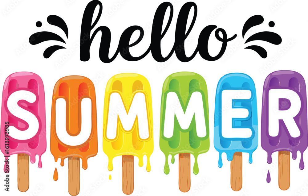Obraz premium Colorful hello summer graphic featuring popsicles with bold lettering and summer theme
