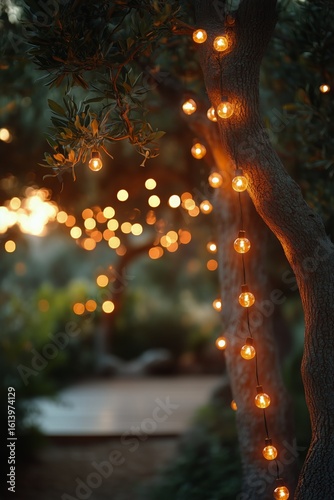 Twinkling String Lights Adorn Trees in a Cozy Garden at Dusk