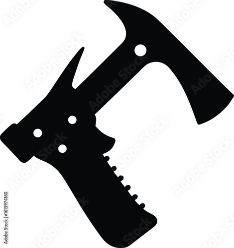 Black Vector Silhouette of Tactical Tomahawk Tool with Pointed Spike and Hammer Head for Emergency Situations