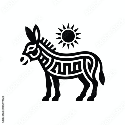 Vector illustration of a stylized donkey with a sun behind it, presented as a clean and modern graphic design