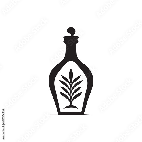 Black silhouette of bottle with tree inside on white background icon