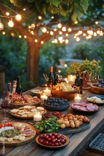 Evening Outdoor Gathering With Food, Drinks, and Lights in a Beautiful Garden...