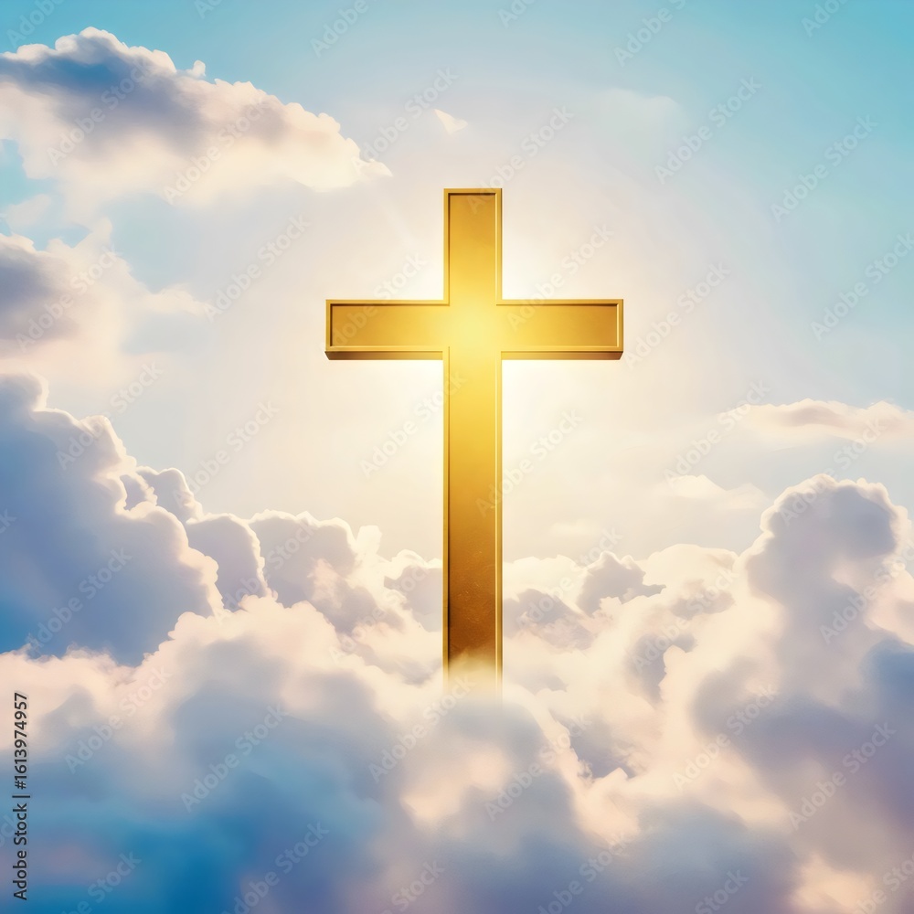 Ethereal Cross Silhouette Against Fluffy Clouds Embodying Christian Belief and Heavenly Redemption Ethereal Cross Silhouette Against Fluffy Clouds Embodying Christian Belief and Heavenly Redemption